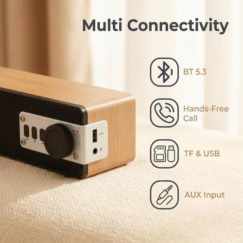 Vista 4 de Altavoz Bluetooth de madera retro con ruido blanco, sonido estéreo RMS de 10 W, altavoz de audio para el hogar, BT5.3/AUX/TF/USB/FM, altavoz