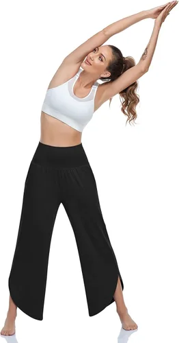 Vista 4 de UEU Pantalones de yoga de pierna ancha para mujer, de cintura alta, cómodos, holgados, casuales, suaves, con bolsillos