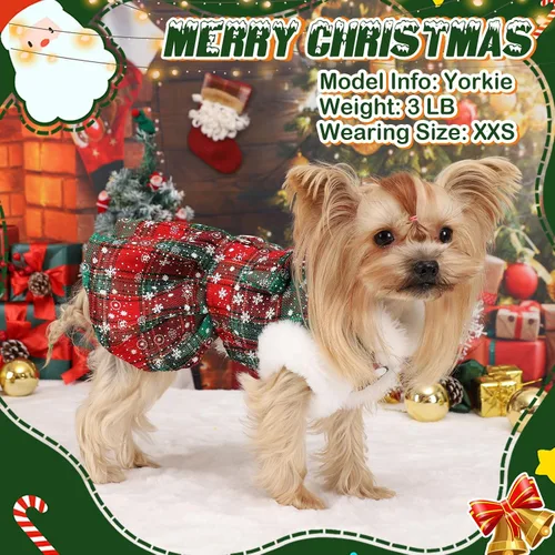 Vista 3 de Vestido de suéter de Navidad para perro con correa, conjunto de suéteres para cachorros para perros pequeños hembra, traje de mascota a cuadros