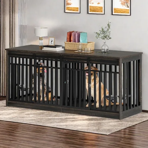 Vista 2 de DWVO Mueble doble para perros de 71 pulgadas para 2 perros medianos, soporte de TV de madera resistente con puertas correderas, mesa decorativa