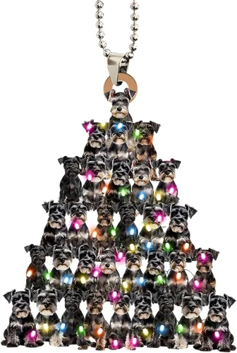 Vista 7 de Talataca Adorno Navideño Plano 2D de Schnauzer Miniatura, Adorno de Árbol de Navidad en Forma de Pino con Luz de Cadena, Adorno de Árbol de Pino