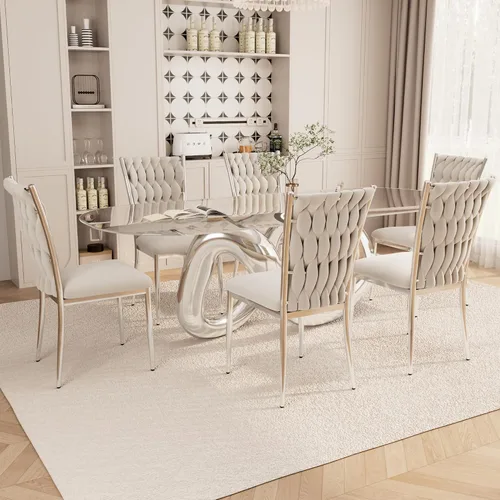 Vista 36 de Juego de 2 sillas de comedor de terciopelo, modernas sillas de cocina tejidas con patas de metal dorado, cojín tapizado con respaldo alto