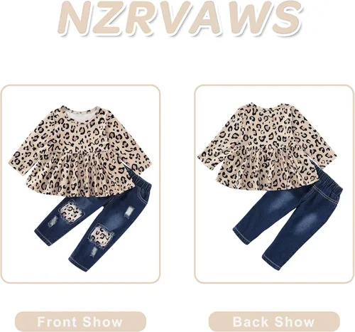 Vista 4 de NZRVAWS Ropa para bebé niña pequeña, conjunto de pantalones de mezclilla rasgados con volantes florales de leopardo para niña 0-4T