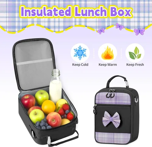 Vista 5 de Mochila para niñas con juego de lonchera, 5 piezas, color negro, linda mochila Kawaii para adolescentes, mochila escolar estética para primaria