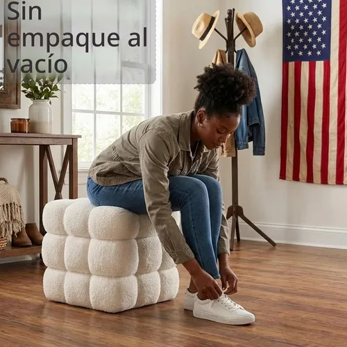 Vista 6 de Otomana cuadrada de sherpa blanca – Puf grande de 17.3 pulgadas con marco de madera resistente, 330 libras de capacidad, moderno taburete de tocador