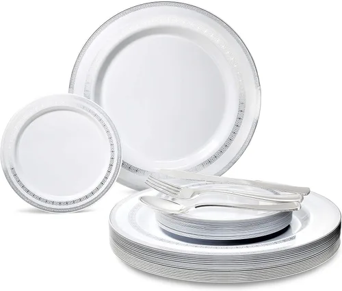 Vista 12 de Occasions" - Juego de 300 piezas y 60 platos de plástico desechables para bodas y cubiertos (lino blanco y plateado, cubiertos plateados)