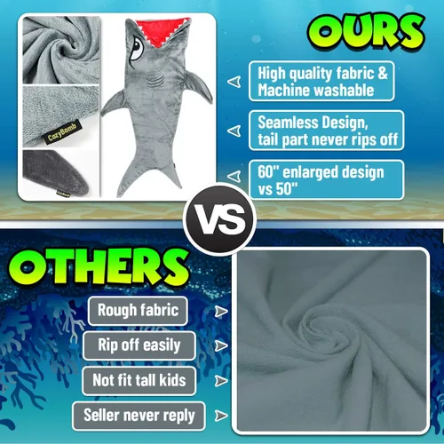 Vista 2 de CozyBomB Manta de animales con cola de tiburón para niños, diseño acogedor y suave de una pieza, manta de felpa duradera sin costuras