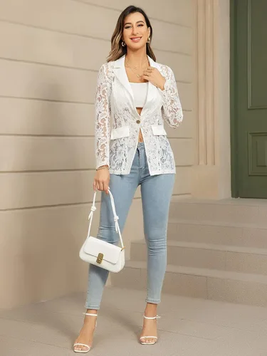Vista 5 de WDIRARA Chaqueta elegante de manga larga con cuello de solapa y encaje floral para mujer