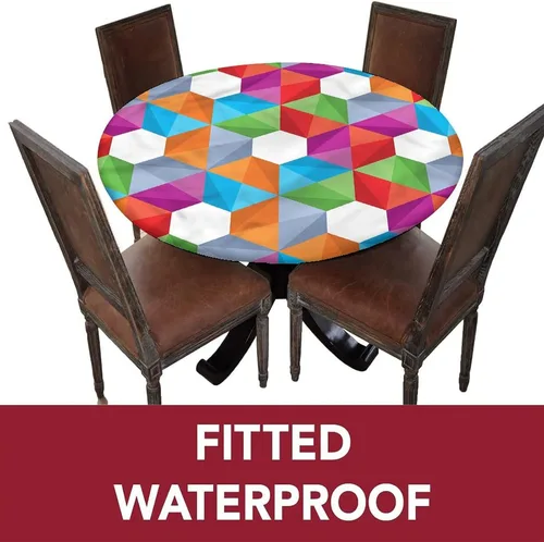 Vista 3 de Geometric Round Fitted Tablecloth Cover,Retro Mosaic Triangle Print Elastic Edged Polyester Fitted Table Cover, xLarge, Fit Round Tables up 59"-63