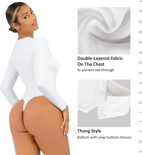 Vista 4 de Long Sleeve Bodysuit for Women Tummy Control Thong Tops Square Neck Body Suit Short Sleeve Going Out Bodysuits