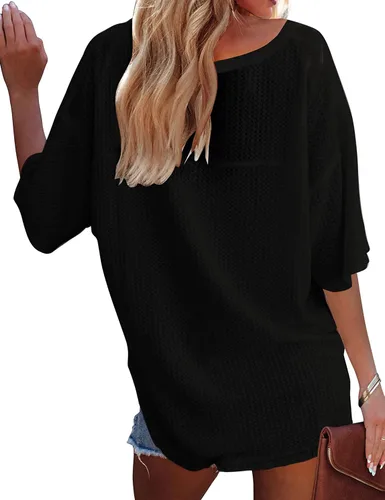 Vista 3 de MEROKEETY - Blusa de media manga con cuello en V, punto gofre y alas de murciélago para mujer, camiseta suelta de color sólido