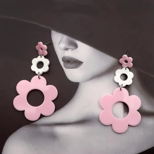 Vista 3 de Aretes acrílicos de flores para mujer, aretes colgantes de doble margarita, aretes florales de flores de resina para mujer, aretes Y2K de flores
