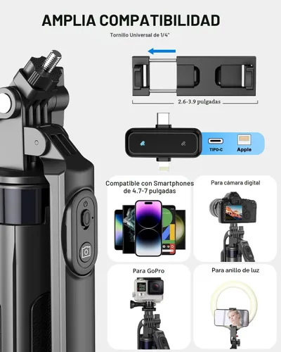 Vista 7 de Kit de vlogging Yeaki para iPhone/Android, palo selfie trípode de 180 cm para iPhone con luz, control remoto inalámbrico y micrófono, trípode