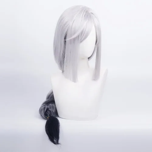 Vista 3 de Genshin Impact Shen He - Peluca larga de anime plateado con gorra de peluca gratis para Comic Con, espectáculo de cosplay, Halloween
