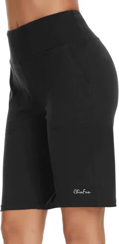 Vista 3 de ChinFun Bermudas de yoga de cintura alta de 10 pulgadas para mujer, pantalones cortos atléticos para correr, entrenamiento con bolsillos profundos