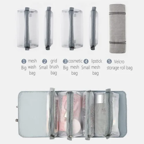 Vista 5 de Bolsa organizadora de cosméticos para viajes, bolsa de maquillaje extraíble 4 en 1, neceser de aseo para mujeres y niñas, bolsa portátil, bolsa