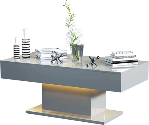 Vista 12 de HedoAjim - Mesa de café LED para sala de estar, mesa rectangular central de sala de estar, mesas de café modernas de madera con alto brillo y luces
