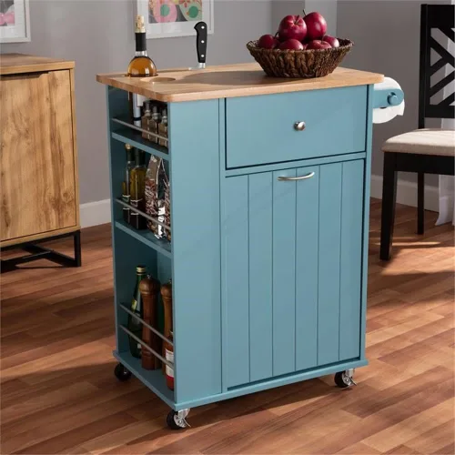 Vista 4 de Baxton Studio Liona - Carrito de almacenamiento de cocina de madera con acabado azul cielo moderno y contemporáneo