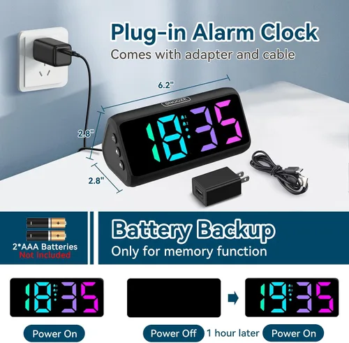 Vista 3 de Reloj despertador Netzu extra fuerte para personas que duermen pesadas, relojes despertador RGB para dormitorios para adultos mayores y niños, reloj