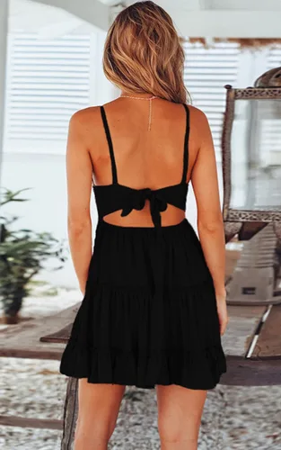 Vista 4 de ECOWISH Vestido corto sin mangas para mujer, diseño al vuelo estilo patinadora, escote en V, tirantes delgados, encaje y lazo de atar, espalda