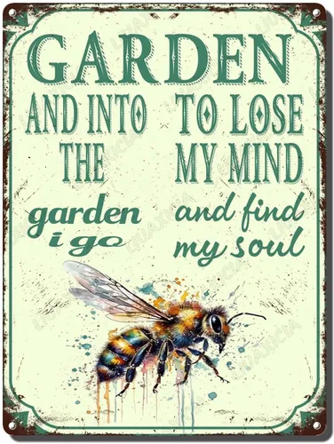 Vista 10 de LIUAXICIA Letreros divertidos de metal con texto en inglés "In The Garden to Lose My Mind and Find My Soul Bee Garden - Letreros de lata