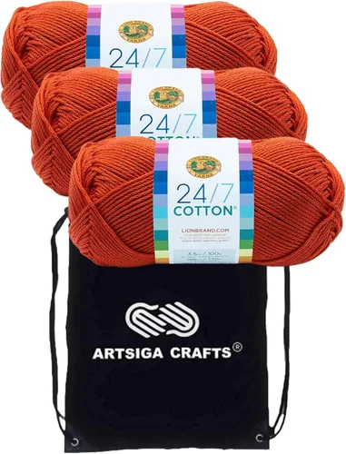 Vista 61 de Lion Brand 24/7 Algodón Blanco 761-100 (6-Carrillos - Mismo Lote de Tinta) Hila Gruesa Media #4 de Algodón para Crochet y Tejido con Bolsa