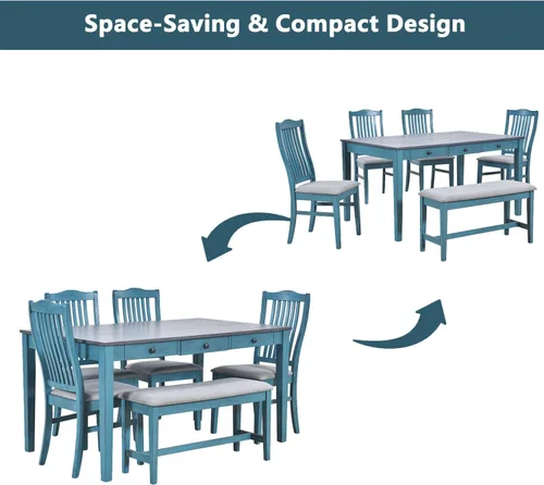 Vista 2 de Juego de mesa de comedor compacto de 6 piezas, juego de mesa de comedor de cocina de madera maciza con 4 sillas ergonómicas acolchadas y banco, mesa