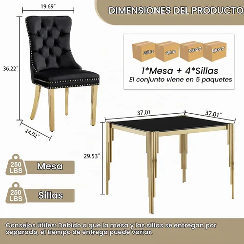 Vista 2 de Juego de mesa de comedor de cristal de 5 piezas para 4, mesa de cocina cuadrada de 37 pulgadas con 4 sillas tapizadas de terciopelo negro, mesa