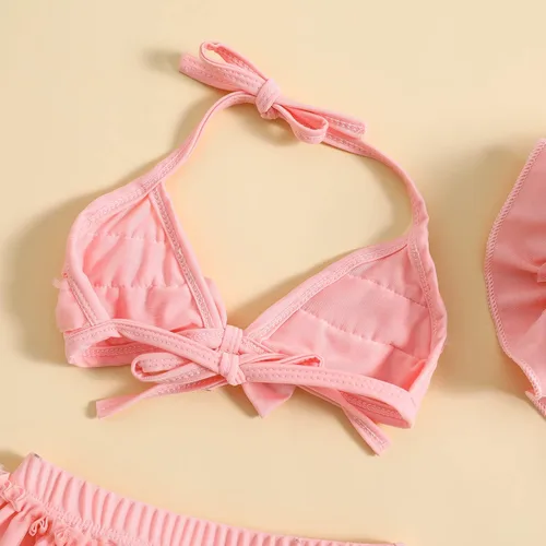 Vista 8 de Yccutest Traje de baño de flores para bebé, 3 piezas, parte superior triangular, parte inferior con volantes, sombrero para el sol, conjunto