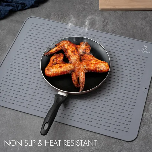 Vista 6 de Tapete de silicona para secar platos para encimera de cocina, extragrande, 23 x 18 pulgadas, resistente al calor, diseño antideslizante, secado Gris