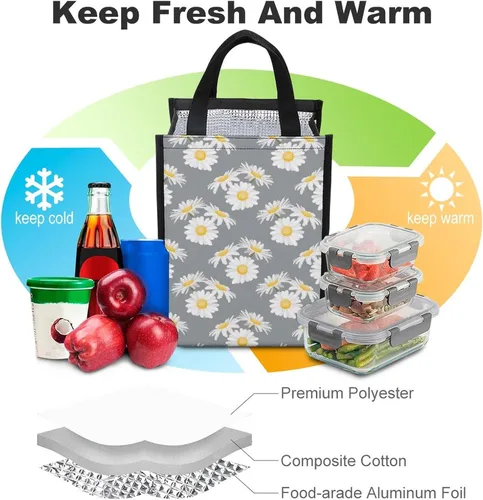 Vista 4 de Little Daisy - Bolsas de almuerzo para mujeres y hombres, lonchera aislada, bolsa reutilizable para oficina en casa