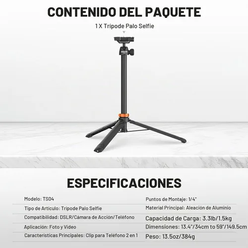 Vista 9 de NEEWER Basics Trípode selfie stick de 150 cm compatible con iPhone, cámara DLSR, Canon, Sony, pequeño soporte de mesa de metal portátil