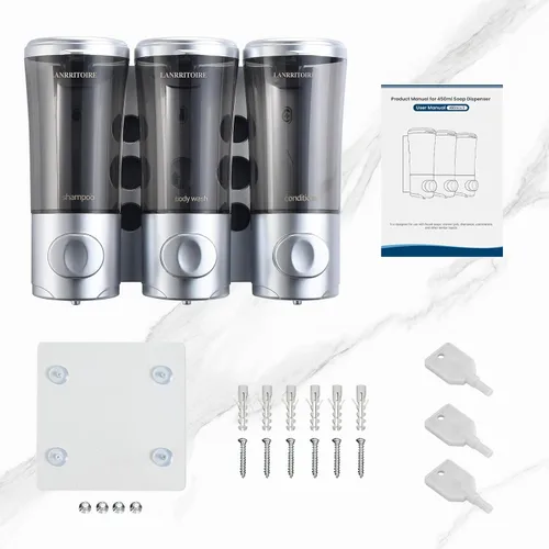 Vista 7 de Dispensador de Champú y Acondicionador, Dispensador de Ducha de 3 Cámaras sin Taladro, Dispensador de Champú para Ducha Montado en la Pared