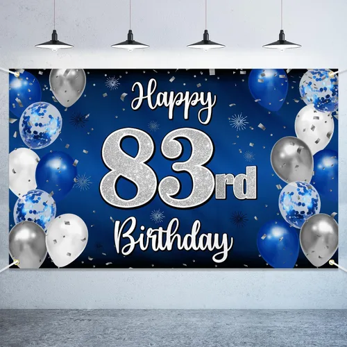 Vista 88 de Decoración de feliz cumpleaños número 100, globo azul y plateado grande cartel de fondo de cumpleaños de 100 años - Suministros para fiesta
