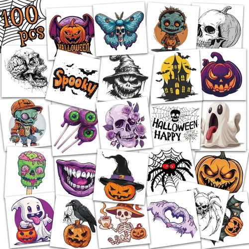 Vista 8 de Ozepao Juego de 10 hojas de calcomanías temporales de tatuaje de Halloween, 88 diseños únicos con calabazas, calaveras, esqueletos, fantasmas