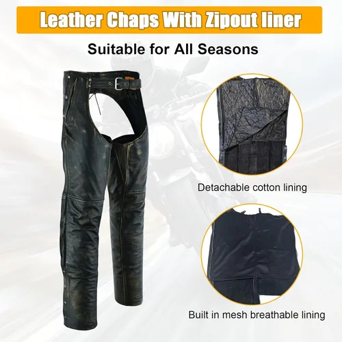Vista 3 de GARGOYLE BELLS Chaparreras de cuero para motocicleta premium para hombres y mujeres, chaparreras de cuero de vaquero con cremallera auténtica
