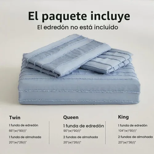 Vista 6 de WARMDERN Juego de funda de edredón a rayas azules, ropa de cama con textura bohemia acolchada con mechones, 2 piezas tamaño Twin de microfibra