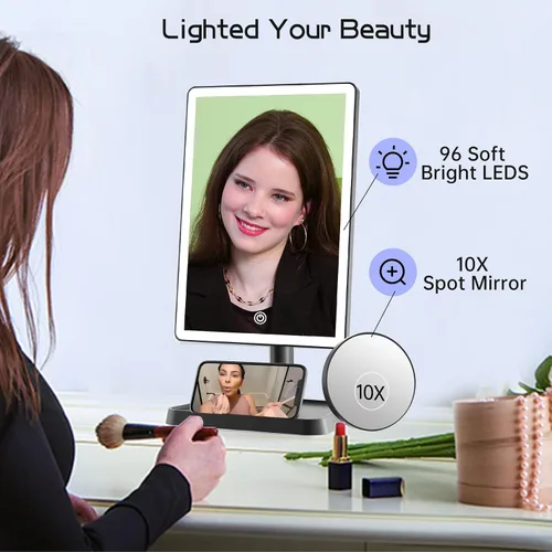 Vista 7 de FUNTOUCH Espejo de tocador de maquillaje recargable con luces, espejo de escritorio grande iluminado con 96 luces LED y aumento de 10x, iluminación