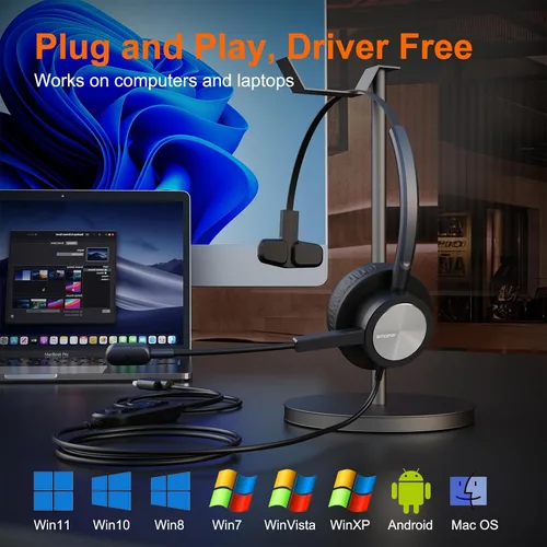 Vista 5 de Auriculares USB de oficina con micrófono para PC, auriculares USB ligeros con micrófono de cancelación de ruido para laptop, funciona para equipos