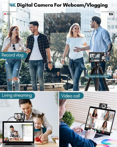 Vista 8 de Cámara digital 4K, cámaras de enfoque automático de 48 MP para fotografía, cámara compacta de vlogging con cámara frontal y trasera, cámaras de Negro