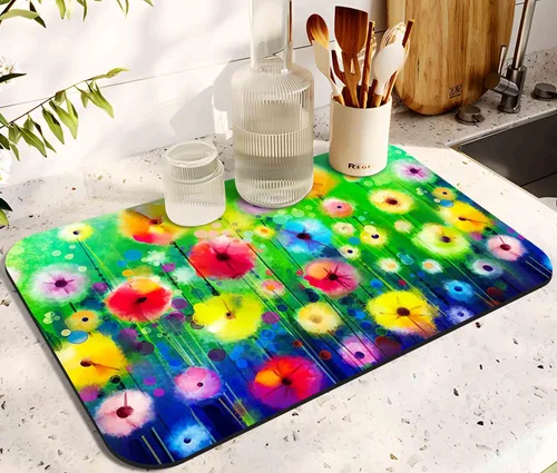 Vista 8 de Tapete de secado de platos para encimera de cocina, 20 x 12 pulgadas, lavable, almohadilla de secado rápido de platos, parte trasera de goma Flores