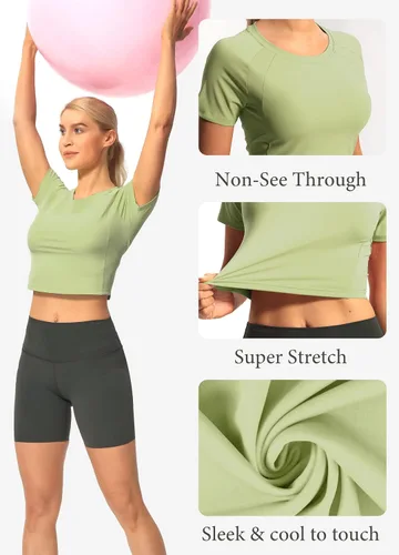 Vista 4 de Hiverlay Camiseta corta de entrenamiento de manga corta para mujer, camiseta básica atlética recortada, para yoga, gimnasio, casual, para correr