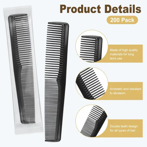 Vista 3 de Peines envueltos individualmente, 100 peines de plástico a granel, color negro, 2 peines para el cuidado del cabello, peine desechable a granel