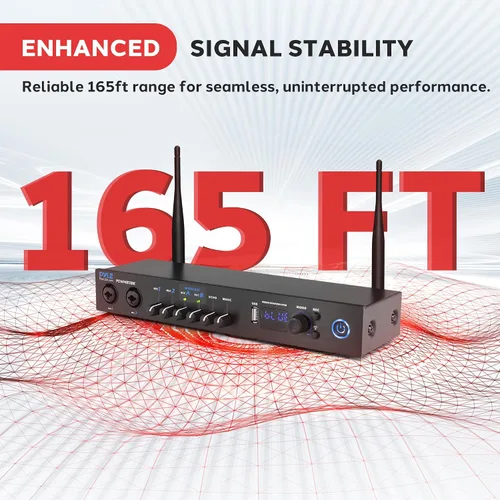 Vista 3 de Sistema de micrófono inalámbrico digital Pyle con Bluetooth - Incluye 2 micrófonos de mano UHF dinámicos, receptor portátil de largo alcance