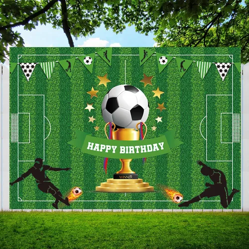 Vista 3 de Cartel de fondo de feliz cumpleaños de fútbol de 5 x 3 pies, decoraciones de fiesta temática deportiva para niños y niños, suministros de fiesta