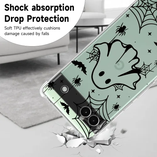 Vista 7 de Funda de Halloween para Google Pixel 6A transparente con diseños de murciélagos fantasmas, funda para teléfono para niñas, elegante, delgada, a