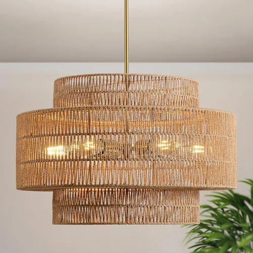Vista 19 de 12.4” Candelabro de ratán boho, 1 luz, lámpara colgante tejida a mano, lámpara colgante rústica de estilo granja para isla de cocina, recámara