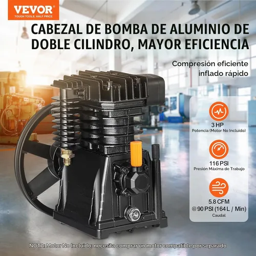 Vista 2 de VEVOR Cabezal de bomba de compresor de aire, 3HP 5.8CFM @ 90PSI, cabezal de bomba de pistón de compresor de aire lubricado con aceite de doble