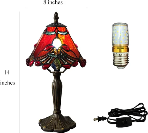Vista 5 de Tiffany - Lámpara de mesa con perlas rojas, estilo barroco, vitral, luz de escritorio, pequeña lámpara de noche estilo Tiffany con bombilla LED