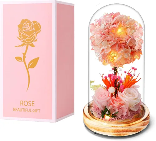 Vista 12 de Domo de Vidrio con Girasoles y Rosas Preservadas y Luces LED, Base de Madera, para el Día de San Valentín, Día de la Madre, Cumpleaños, Navidad